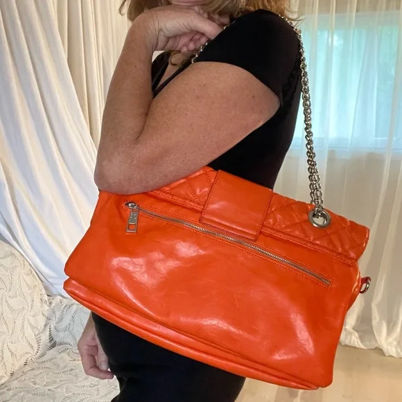 Jenna Kador Oversized Tote Bag Purse Orange Silver Chain cross body & Buckle - Picture 5 of 14